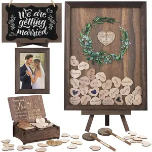 Wedding Guest Book Alternative Drop Top Frame Heart Drop  Guest Book with Stand 122 Wooden Hearts Pens Box Mini Blackboard Rustic Wedding Decorations for Reception  Shower, Brown