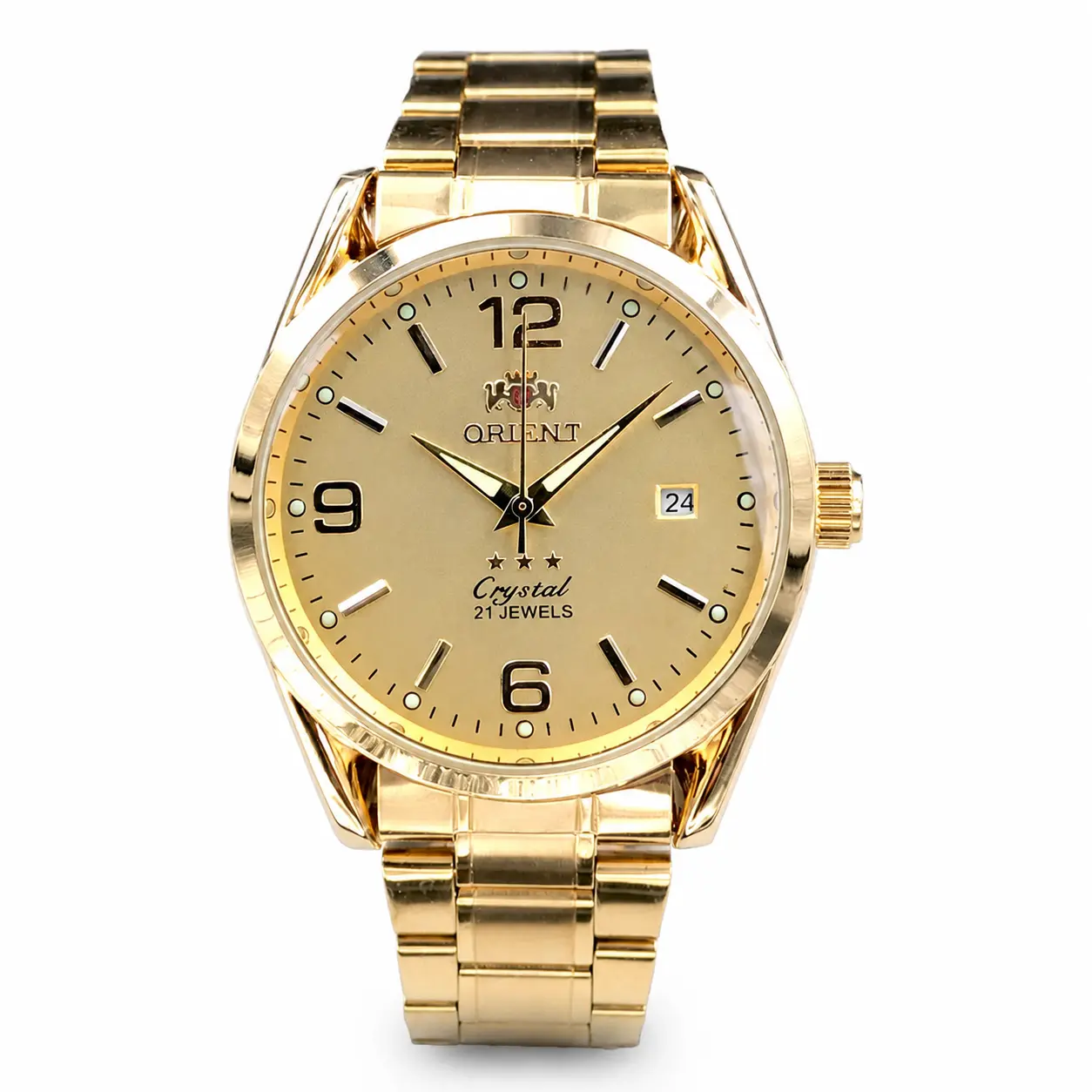 ORIENTAAA Grade Gold Tone Men's Business Automatic Mechanical Watch, Large Arabic Numerals, Luminous Dial, Date Window, Polished Stainless Steel Bracelet, Classic Formal Dress Wristwatch, Multiple Dial Color Options Reloj Mecánico Dorado para Hombre