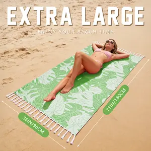 71"x36" Extra Large Green Monstera Leaf Sand-Free Beach Towel, Quick Dry Soft Oversized Turkish Towel with Tassels for Beach Pool Travel