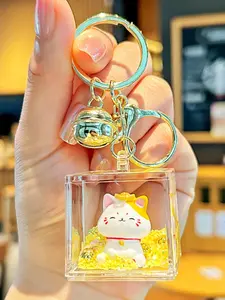 Cute Lucky Cat Liquid Float Keychain, Transparent Acrylic Block with Bell, Durable Anti-Loss Key Holder, Perfect Gift for Women, Girls, Teens