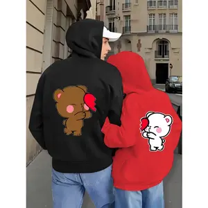 Couple's Matching Cartoon Bear Heart Graphic Zip-Up Hoodie 100% Polyester 250gsm Front Pockets Machine Washable Fall Winter Warm Casual Pullover