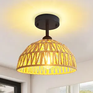 Handmade Hemp Rope Ceiling Light, E26 Base Rustic Flush Mount Indoor Light Fixture, Elegant Woven Natural Fiber Ceiling Lamp, Boho Farmhouse Decorative Light for Bedroom, Living Room, Hallway, Dining Room