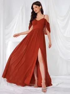 Elegant Chiffon Split Dress with Straps and Bat Wings, Plain Fitted Style for All Seasons, Perfect for Formal Occasions