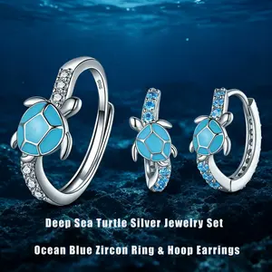 Deep Sea Turtle Silver Jewelry Set - Ocean Blue Zircon Ring & Earrings