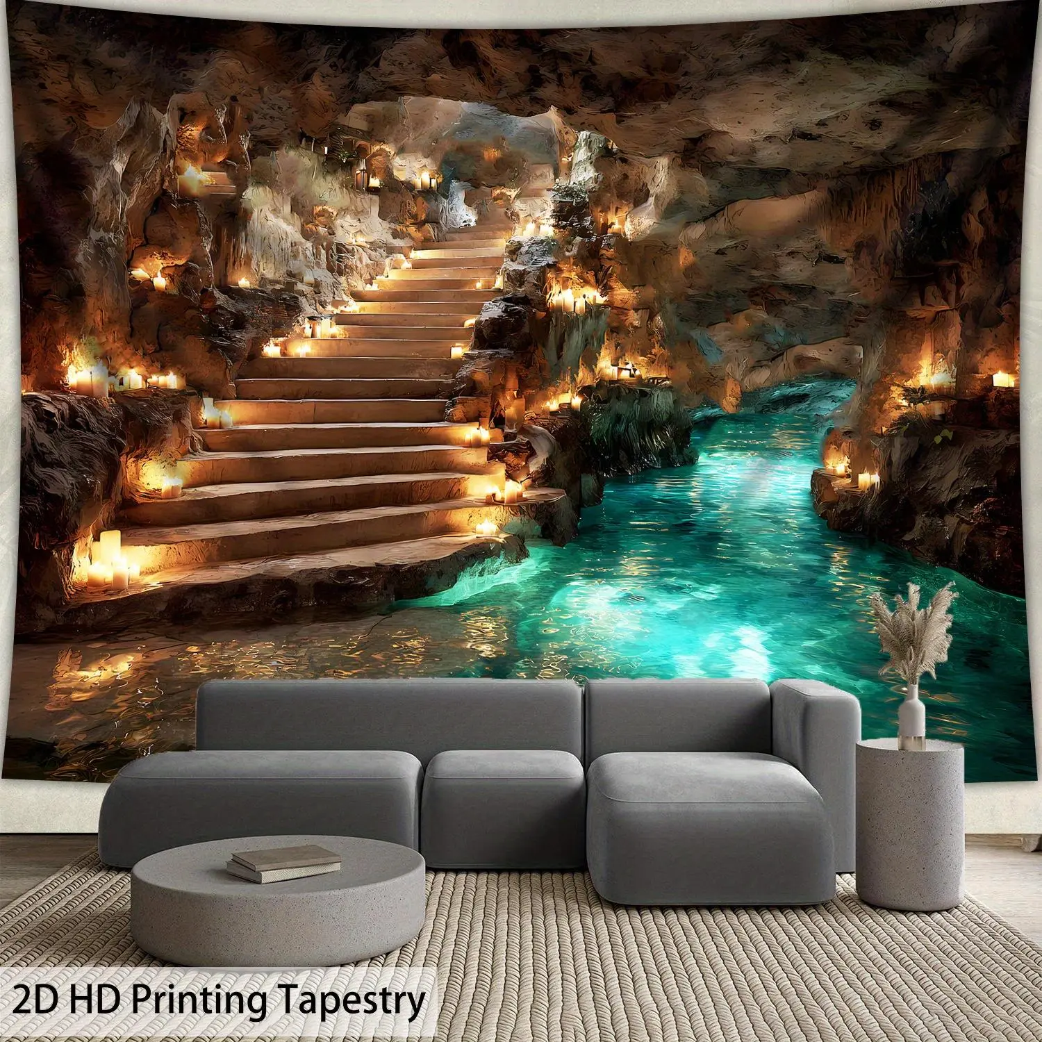 2D Flat, 1pc Extra Large Cave Adventure Tapestry - 2D Underground Stalactite Ceiling & Turquoise River Landscape Wall Hanging - Wrinkle-Resistant with Free Hanging Clips Suitable for Living Room, Bedroom, Party Decor - Cave-Themed Wall Art, 2D Flat