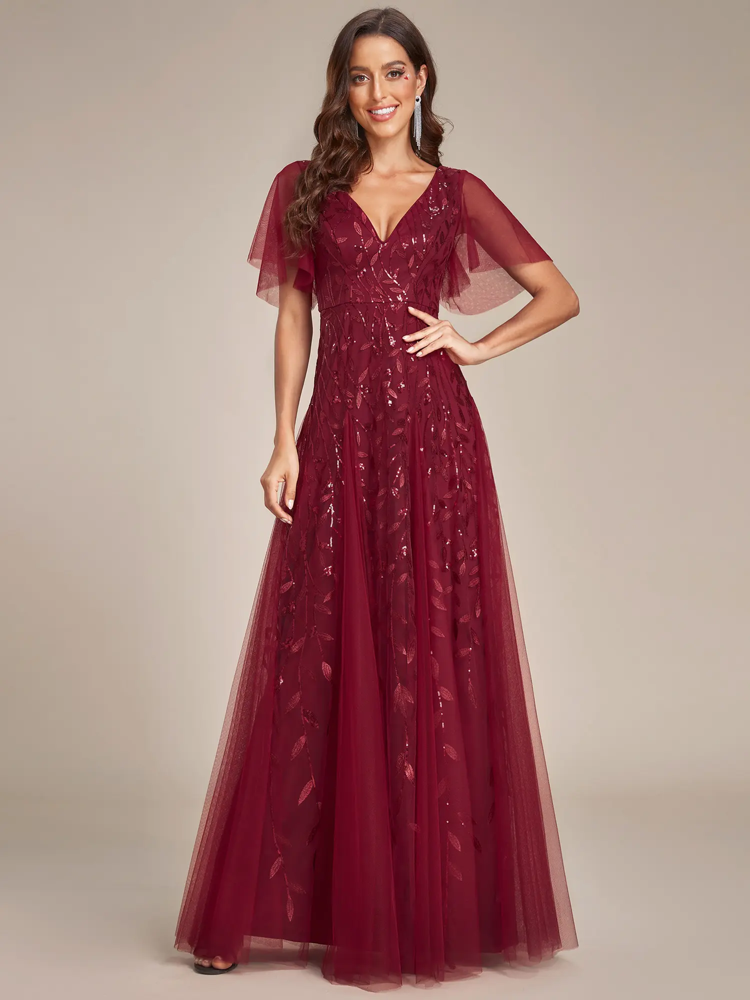 Ever-Pretty 2026 Spring  Dress ,Women's Shimmery Elegant  Sequin Maxi Dress with Ruffle Sleeves for women dress, Gorgeous Comfort Basic Glitter Sparkly ,Formal dress,0736 Womenswear ,Evening dress