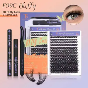 ThinkShow 3D Fluffy Look DIY Lashes Cluster Kit 8-18mmMIX 210PCS Lash Extensions At Home! Beginner Friendly False Eyelashes with Glue & Tools Set (F09C Fluffy) Makeup Synthetic Black Cosmetic
