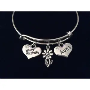 Happy Birthday Aunt Expandable Charm Bracelet Silver Adjustable Bangle Trendy Family Gift