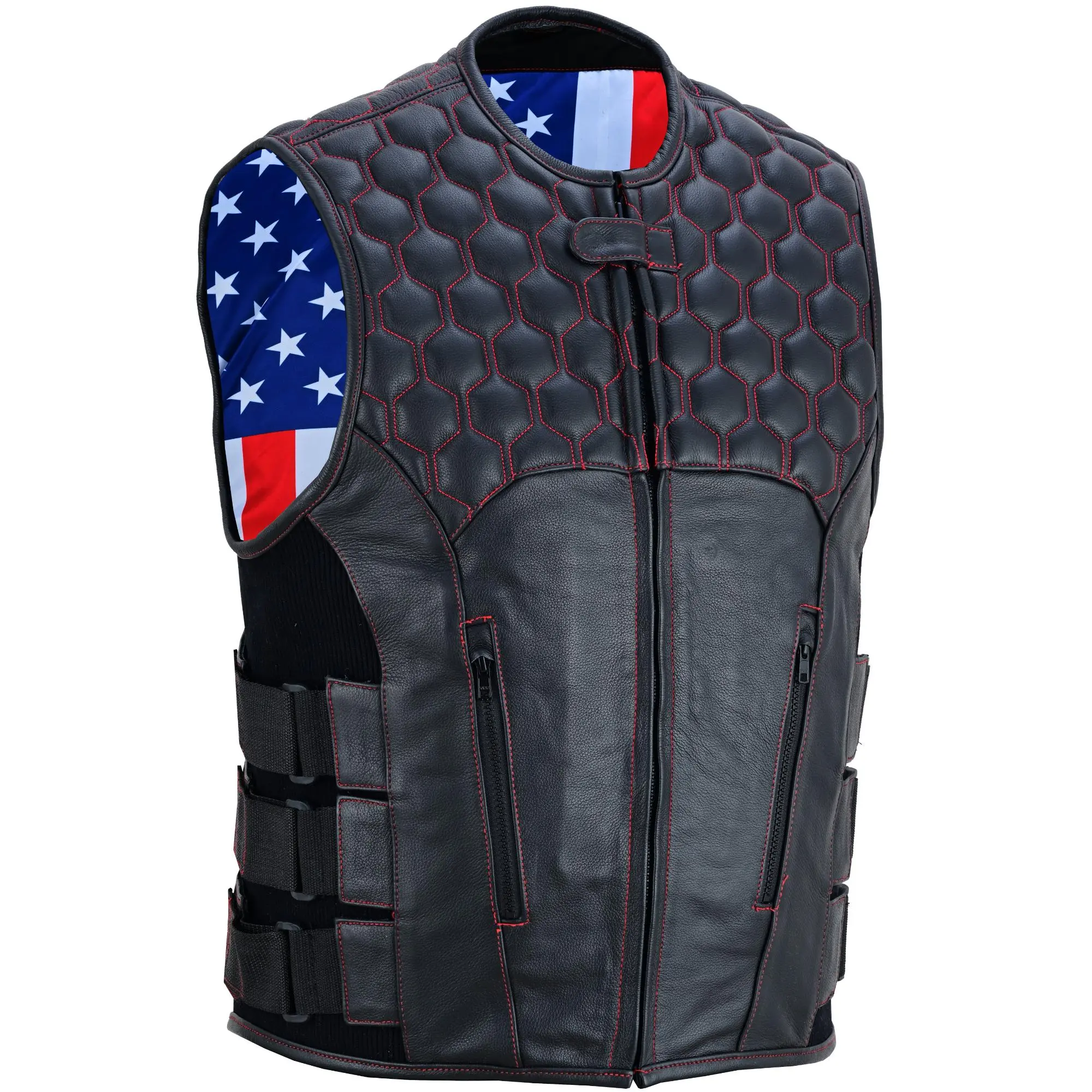 DANIEL SMART Patriot Wheels Adult Biker Style Men's Motorcycle Protective Leather Vest - Soft Premium Milled Cowhide, Quilted Shoulders, Red Heavy-Duty Thread, Reinforced Stitching, Velcro Adjust Straps, YKK Zipper, Conceal Carry Pockets