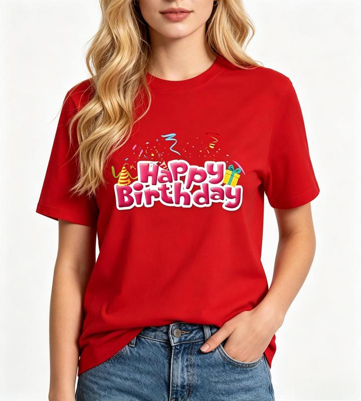 Women's Fitted Breathable Cotton Tee - Red, Short Sleeve Crewneck, Boho Cute Happy Birthday Confetti Graphic Top, Casual Tshirt for Birthday Party, Anniversary #sohochic