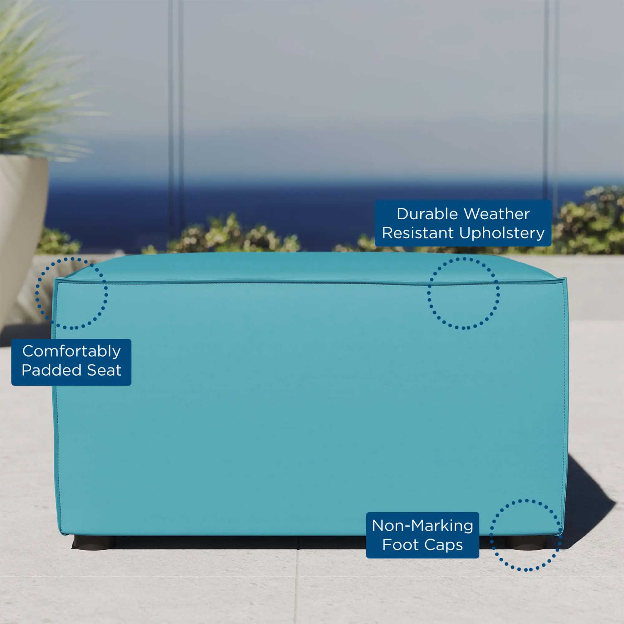 Modway Saybrook Outdoor Durable Sectional Sofa, Upholstered Outdoor Patio Ottoman, Turquoise