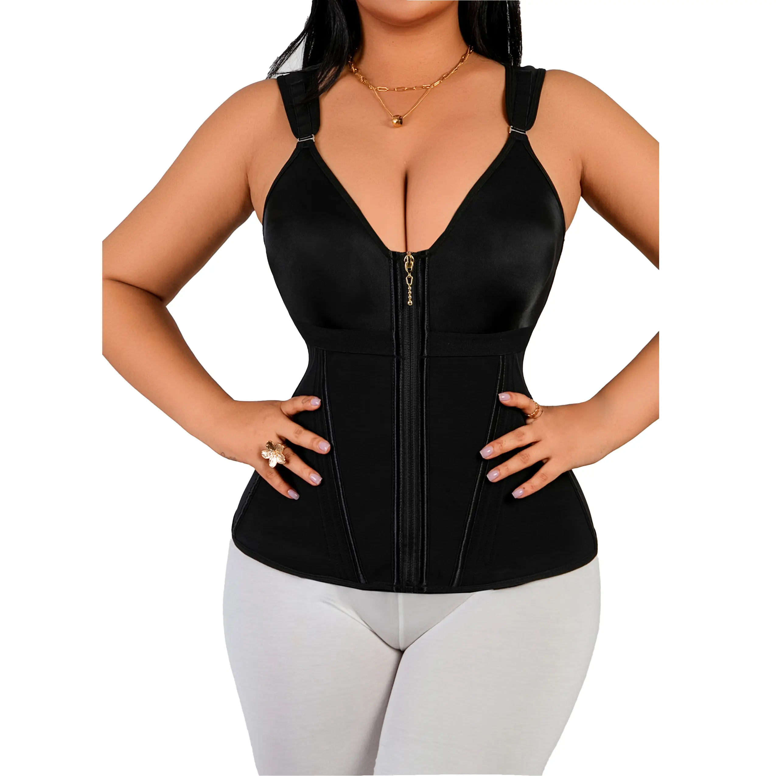 Women's High Compression Shapewear Vest with Bra, Zippered Tummy Control Tank Top for Athletic Workouts, Body Contouring Nylon Corset, Sports Clothes, Wedding, Retro, Birthday
