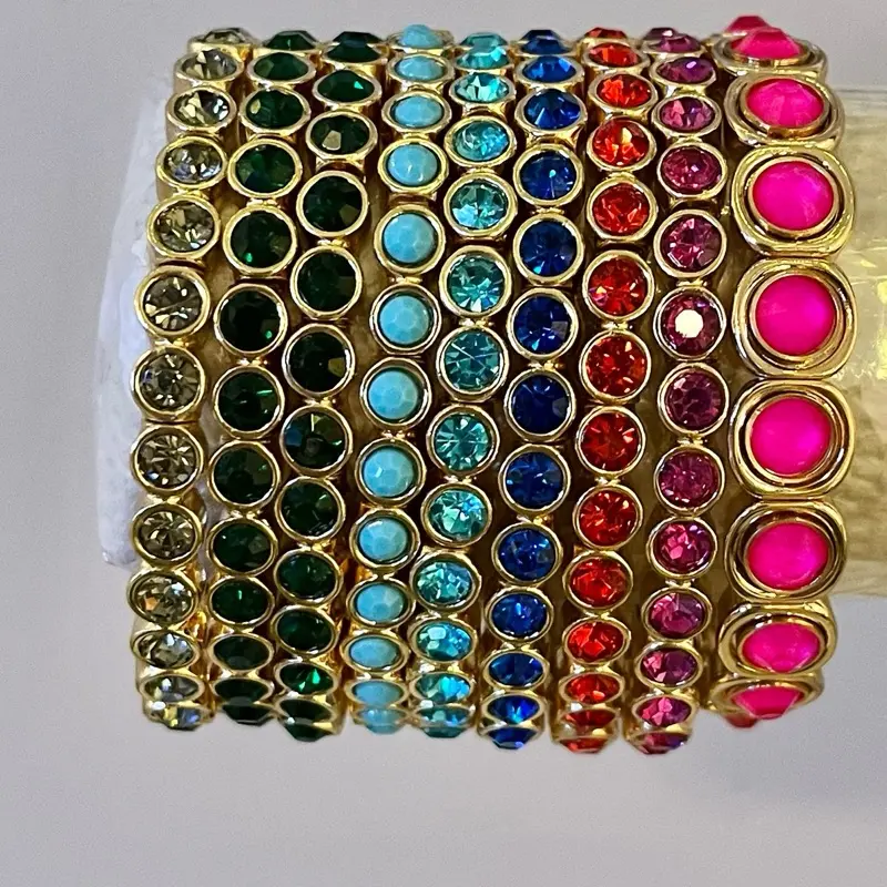 Female Cotton Candy Colored Metal-Coated Bezel Rhinestone Stretch Bracelets - Elegant Glass Clover Costume Jewelry Accessory for Casual Daily Wear, Note: Choking Hazard Small Parts