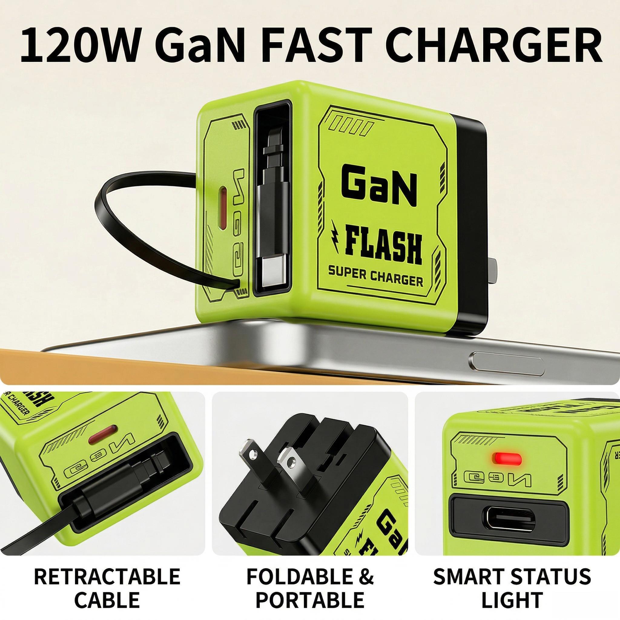 GaN 120W fast charger, USB C charger with retractable cable, travel charger for mobile phones and tablets