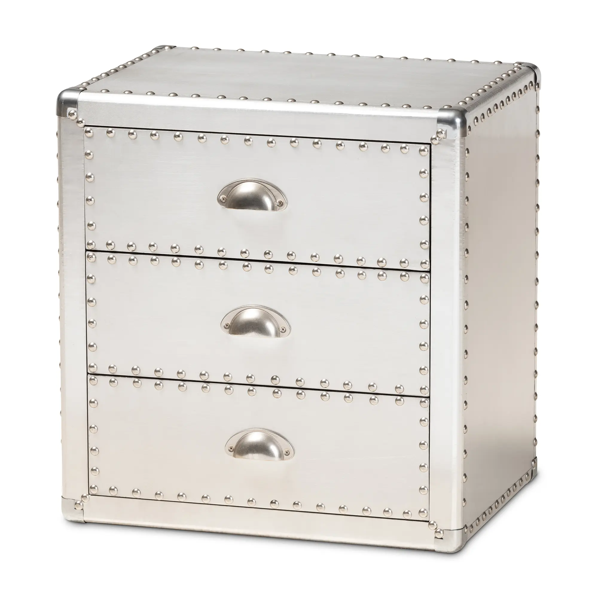 Baxton Studio Armel French Provincial Deep Drawer Dresser - Silver-Accent Wooden Bedroom Chest, 18.9" Wide 19.88" High Wooden Storage Cabinet with Polished Metal Rivet Detail End Table, Aluminium