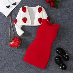 Pretty Little Girl's Tiered Ruffle Dress & Matching Jacket Set Age 4-7 White Floral Print Strap Dress with Round Buckle Belt & Long Sleeve Collared Crop Top for Young Girls