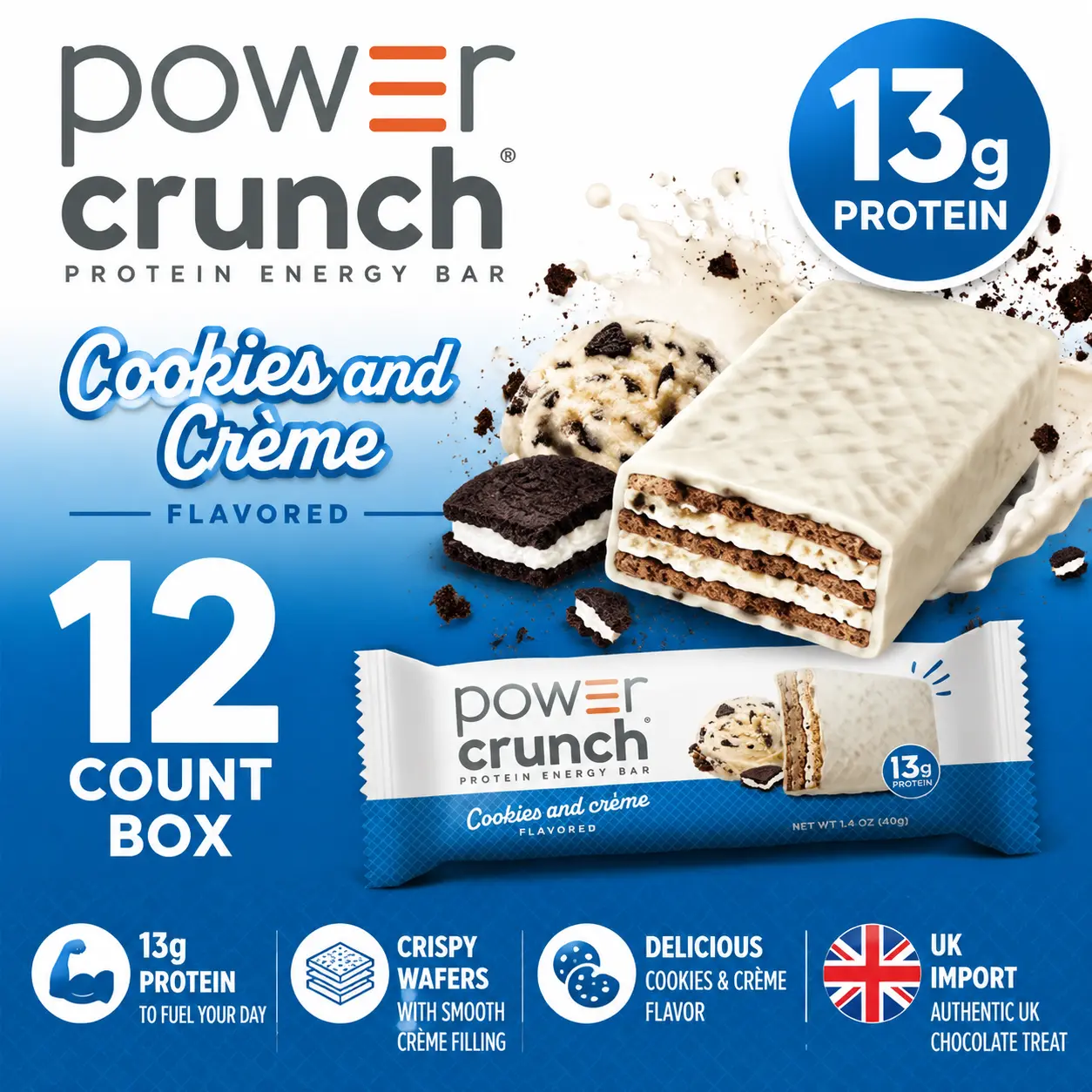 Power Crunch Protein Wafer Bars Cookies & Creme 1.4 oz 12 Count  Crispy Protein Wafer Snack Bars | Creamy Cookies Flavor On-the-Go Treat
