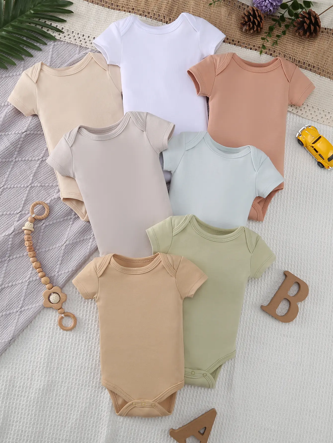 7pcs Plain Newborn Baby Romper Summer Short Sleeve Round Neck Casual Bodysuit For 0-9 Months Old Infant Solid Color Jumpsuits Triangle Outdoor Cotton Baby Clothes Girl Baby Clothing