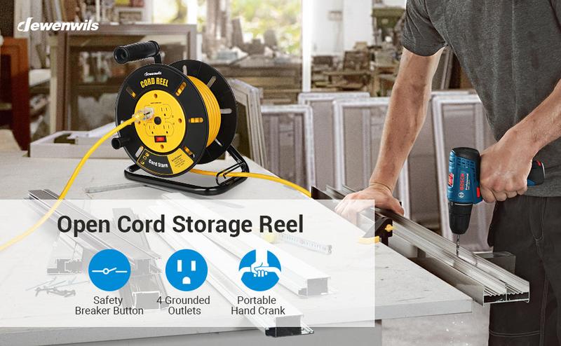 DEWENWILS Extension Cord Storage Reel ( without cord ), for 12/3,14/3,16/3 Gauge Power Cord, Hand Wind Retractable, 13A Circuit Breaker-HCRB00E