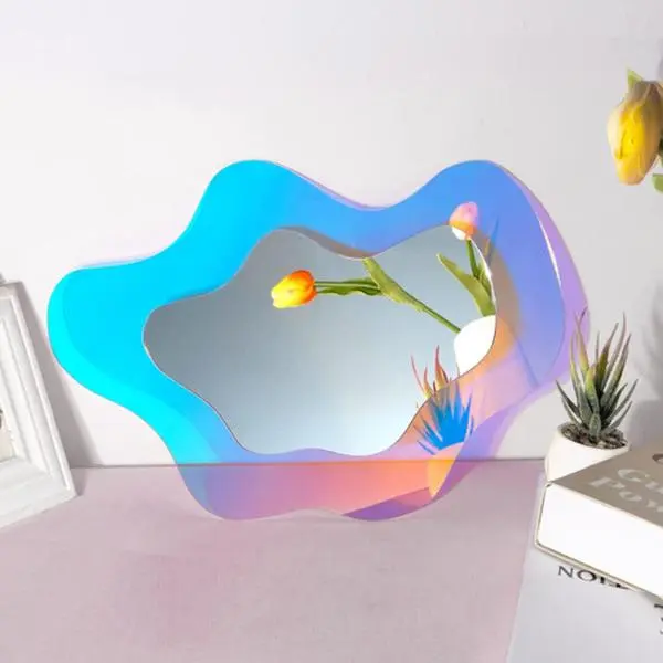 Irregular Acrylic Makeup Mirror, Rainbow Vanity Mirror Frameless Vintage Wavy Mirror For Bedroom & Living Room Wall Decor Colorful Decoration Light Bag Decorative