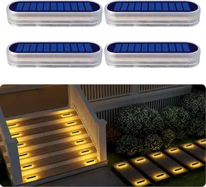 DetarinLED Solar Step Lights Outdoor Waterproof LED, 4 Pack Warm White Flat Solar Powered Deck Lights for Outside, Stick on Light Bar for Stair, Dock, Patio, Garden, Path, Walkway, Driveway, Porch