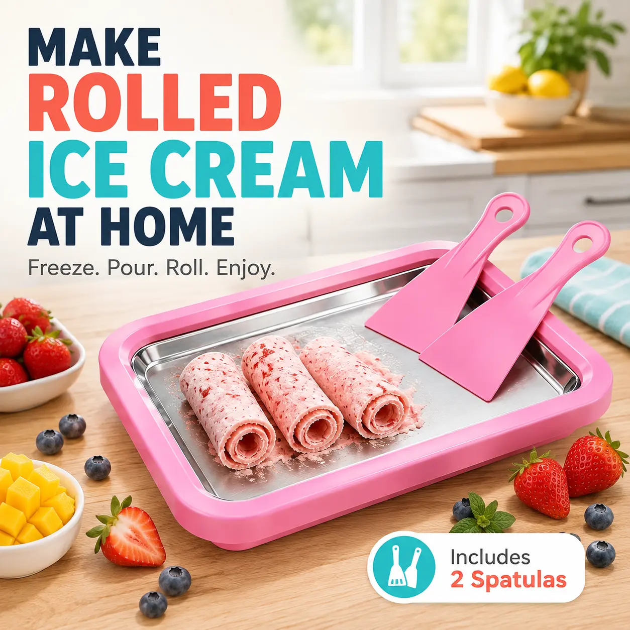 UOYGAO Food Grade Stainless Steel Rolled Ice Cream Maker Kit with 2 Scrapers - Kitchen Appliances for Frozen Yogurt, Slushie, Homemade DIY Parent-Child Activities, Pink Birthday Gift for Families,home essentials