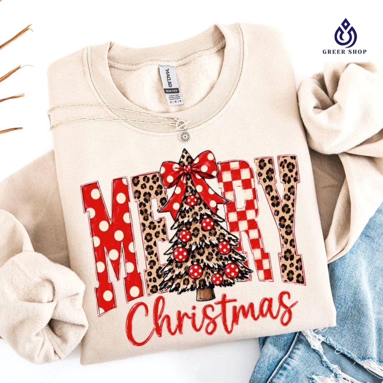 Merry Christmas Tree Sweatshirt, Polka Dots Red Bow Sweater, Leopard Xmas Holiday Gift, Festive Merry Bright Sweat Crewneck for Women