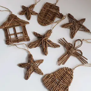 Rustic Wicker Christmas Ornaments Set Handmade Natural Vine Holiday Decorations Farmhouse Tree Hanging Stars Bell Mitten Heart House