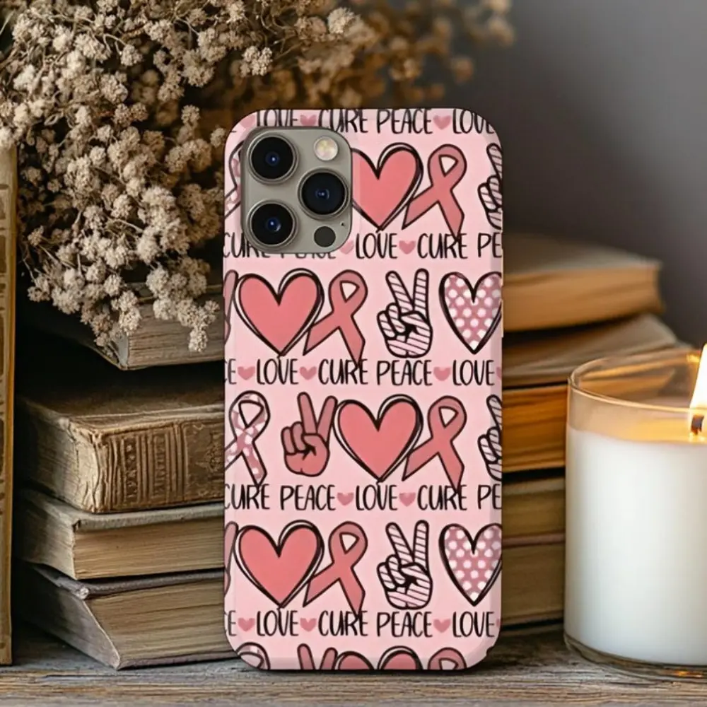 Breast Cancer Awareness TPU-Polycarbonate Dual-Layer Shockproof Phone Case Shell for iPhone 11/12/13/14/15/16/17 Pro, ProMax, Plus, Air - Peace Love Cure Printing, Camera Protection, Durable Survivor Gift Cellphone Accessory