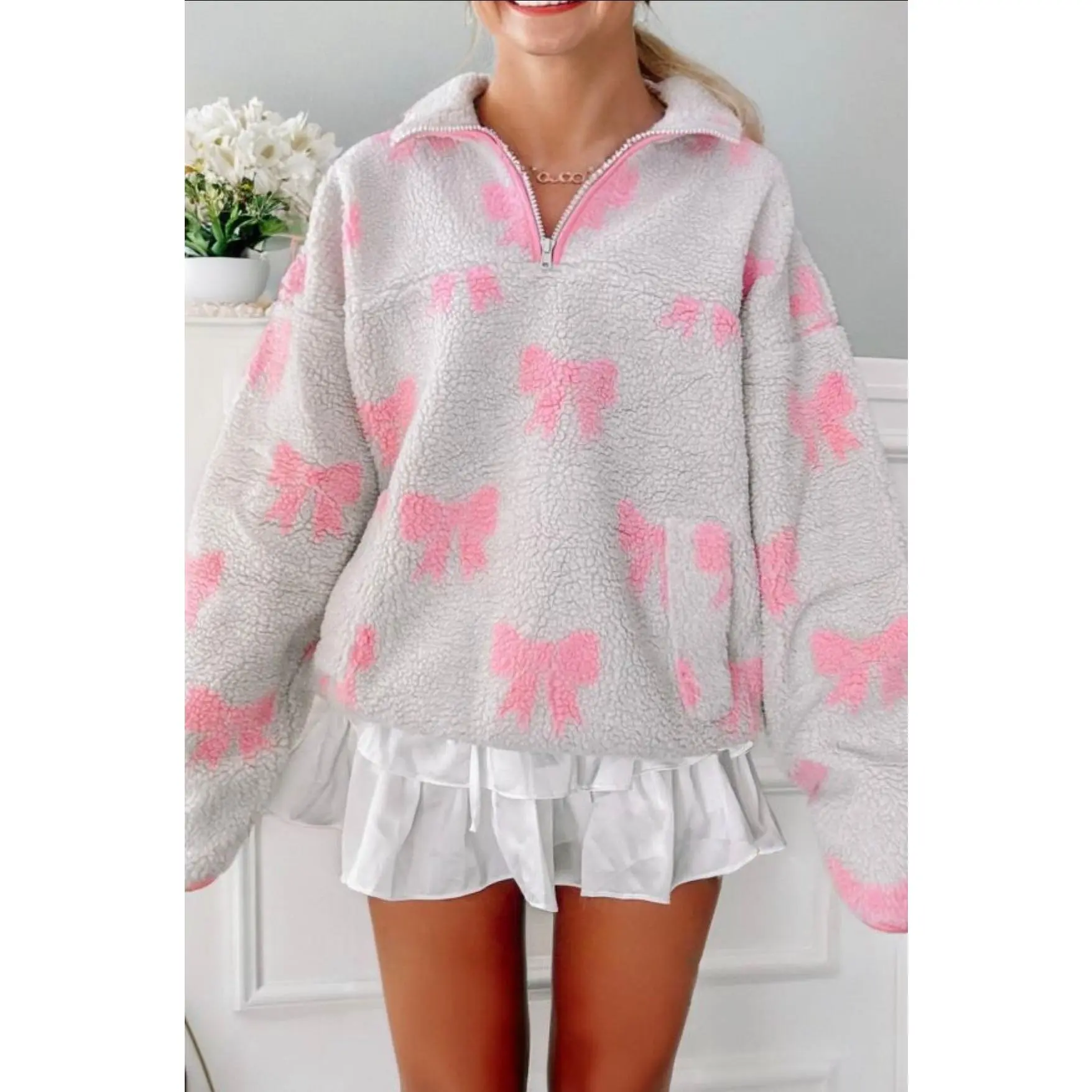 Pink Bow Pull Over Sherpa