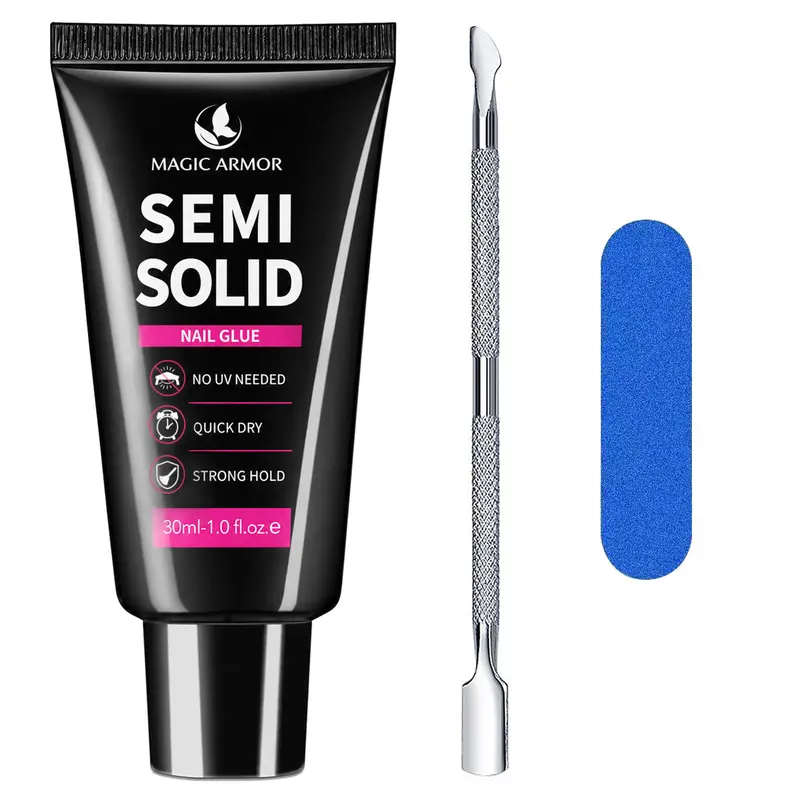 MAGIC ARMOR Newly Upgraded 30ml Semi-Solid Nail Glue for Press-On Nails & Acrylic Nail Tips, Quick-Drying, No UV Lamp Needed, Includes Cuticle Pusher & Nail File
