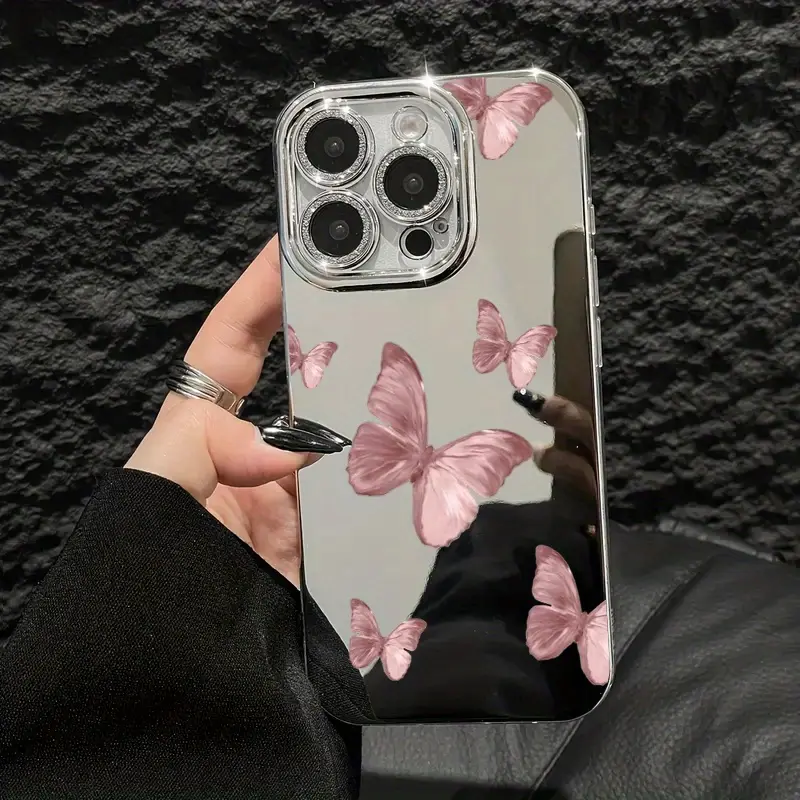 TPU-PC Premium Pink Butterflies Smartphone Case - Shockproof, Durable, Stylish UV Printing Cellphone Accessory with Cute Mirror Glass Protection for iPhone 16ProMax/16E/15Pro/15/14Plus/13/12/11Pro (Cute Phone Accessories)