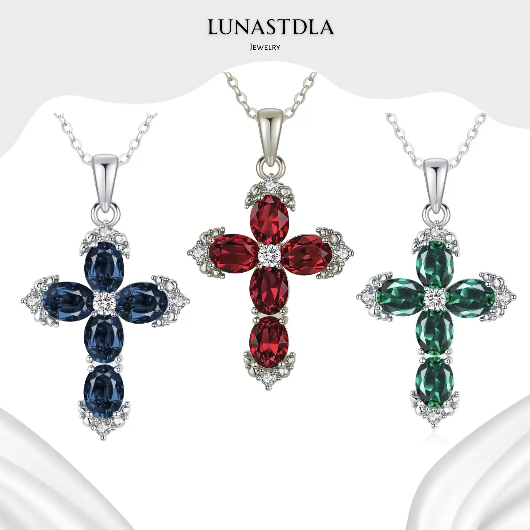LunaStdla Colorful Artificial Crystal Cross Pendant Necklace - Christian Message Vintage Faith Jewelry for Women, Unique Design for Daily Wear Church, Ideal Birthday Christmas Gift, Artificial Crystal Necklaces, Christian Message Necklaces
