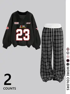 Women's Two-Piece Set V-Neck Sweatshirt & Branch Print Pants, Sexy Streetwear Hip Hop Dance Biker School Fashion, Youth Casual
