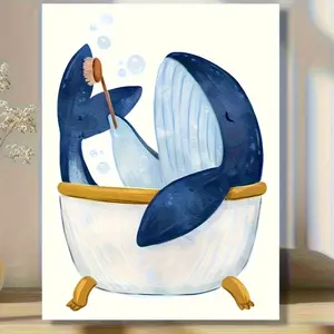 Bathtub Art Print Romantic Whale - Canvas Wall Decor, Wall Art Painting with Wooden Frame, Suitable for Home, Hotel, Coffee Shop, Office - 2D, Room Decoration, Joke Design, Vivid colors, whale decoration