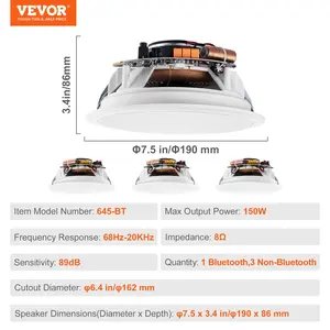 VEVOR 4 PCs 6.5'' Bluetooth in Ceiling Speakers, 150W, Flush Mount Ceiling in-Wall Speaker System with 8Impedance 89dB Sensitivity, for Home Kitchen Living Room Bedroom or Covered Outdoor Porches