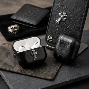 Vintage Cyber Y2K Gothic Cross Case for AirPods Pro 2 1, Luxury Black Faux Leather Cover, Chrome Hearts Style Punk Hip Hop Aesthetic, Durable Anti-Drop Earbud Sleeve, Dark Academia Streetwear Tech Accessory, Niche Personalized Couple Gift