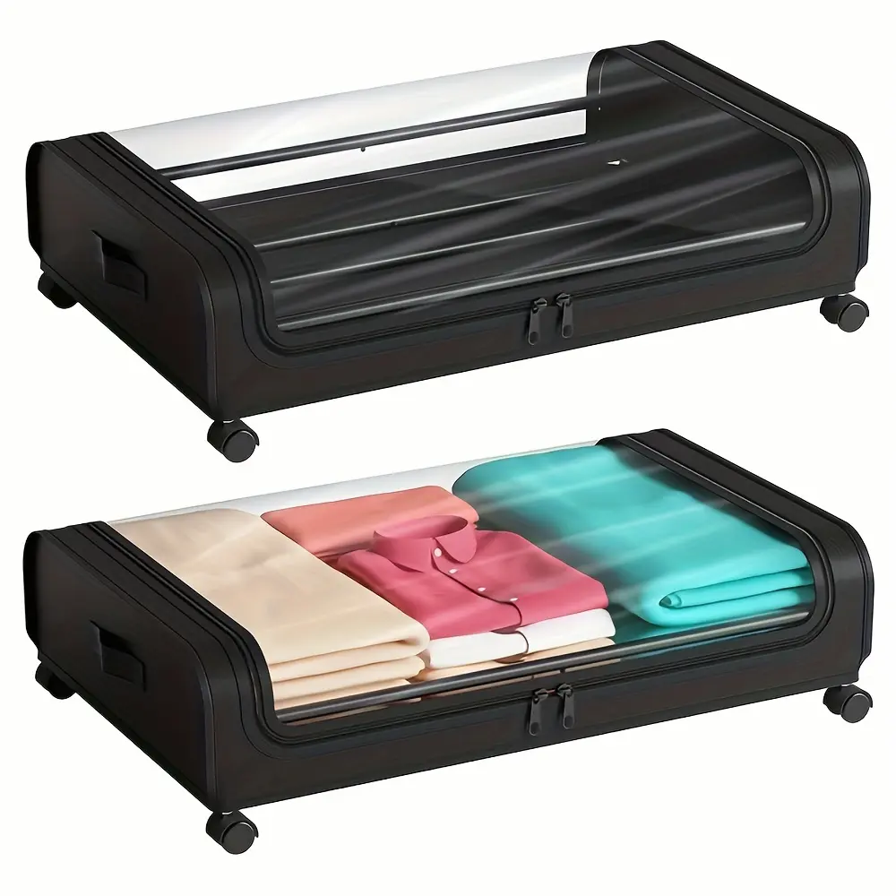 2pcs Under Bed Storage Organizer Metal Underbed Bins with Wheels And Lid Metal Underbed Storage Containers Under Bed Rolling Storage for Clothes, Bedding, Shoes, Blankets, Books, Under-Bed Storage