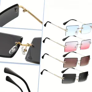 4pcs Rimless Rectangle Fashion Glasses for Women & Men - Vintage Golden Metal Frameless Square Glasses with Gradient Tinted Lenses,