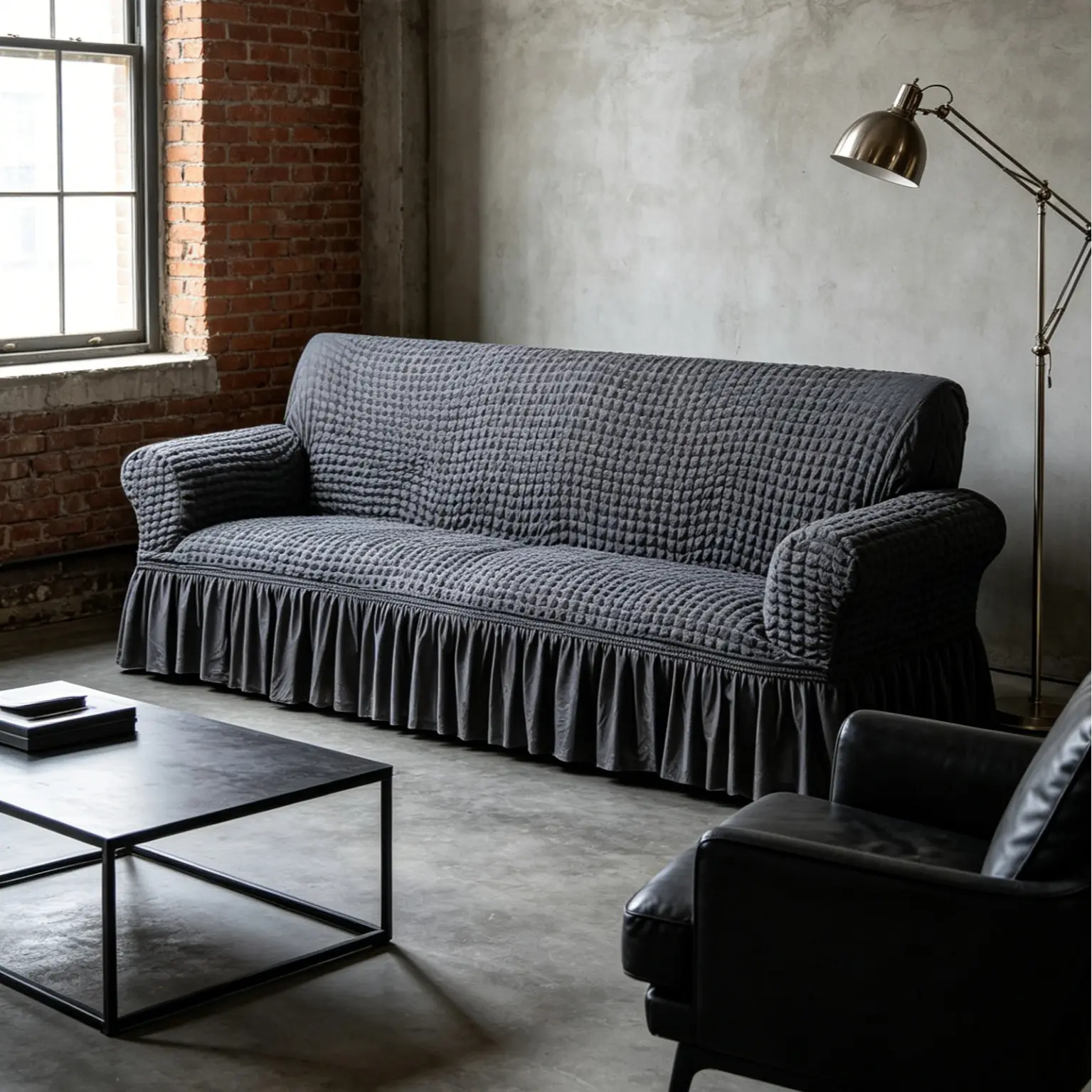1 Pc Seersucker Sofa Slipcover for Couch, High Elastic Stretchable Full Coverage Furniture Cover, Machine Washable & Durable for All Seasons, Dark Gray