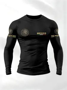 Men's Sporty Long Sleeve T-Shirt Athletic Sports Clothing with Mexican Theme Letter Design, Casual Street Style Top for Spring & Fall, Fitted Regular Fit Fashion