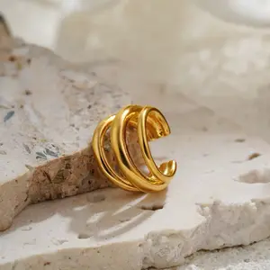 SLOONG Golden Textured Three Layer Stackable Clip on Earrings Minimalist Design Skin Friendly Accessory for Women