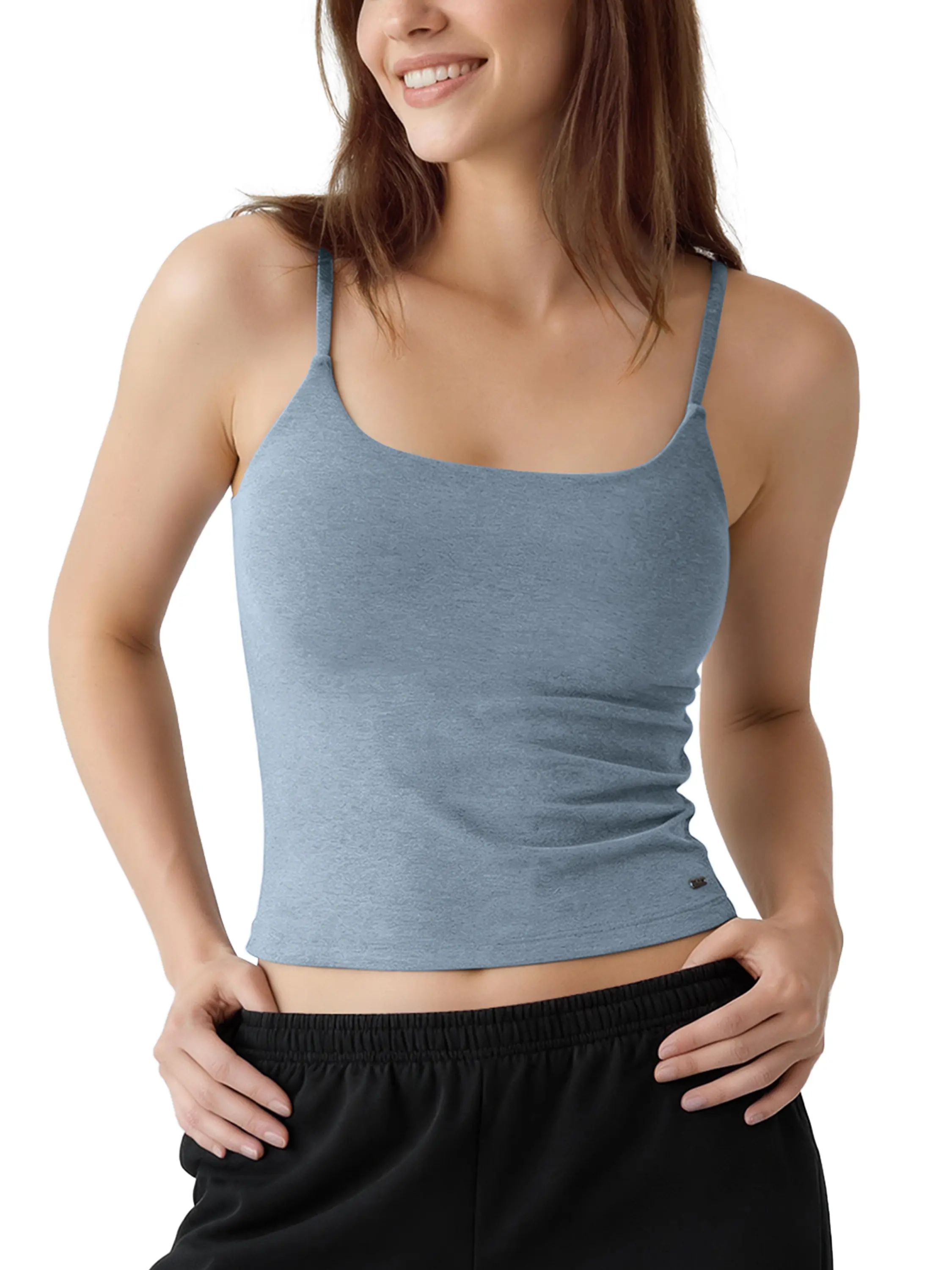 ODODOS Women's Performance Crop Cami Tank with Built-in Bra - Ultra Soft odSTRATUM Tech Spaghetti Straps Yoga Sports Bra