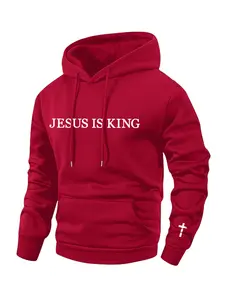 Spring & Autumn Thin Long Sleeve Pocket Hoodie with Jesus Is King Lettering and Cross Print, Casual Sports Street Style Hooded Jacket Suitable for Cooler Weather, Perfect for Outdoor Activities and Fashionable Outings - Men's Apparel