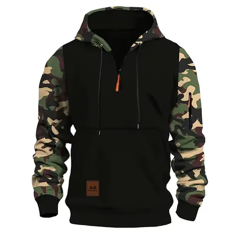 Men's Camouflage Print Colorblock Edge Zip-Up Hoodie - Polyester 2XL Baggy Loose Fit Long Sleeve Top, Slit Pockets, Multi-Toned Army Olive Green Camo Outdoor Streetwear Hoodie