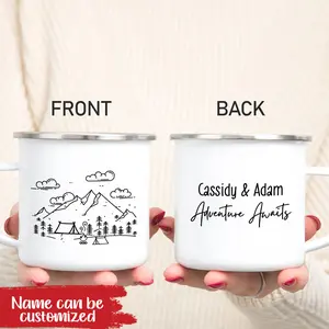 Personalized Adventure Awaits Camping Mug Campfire Cup for Couples Camper Gifts
