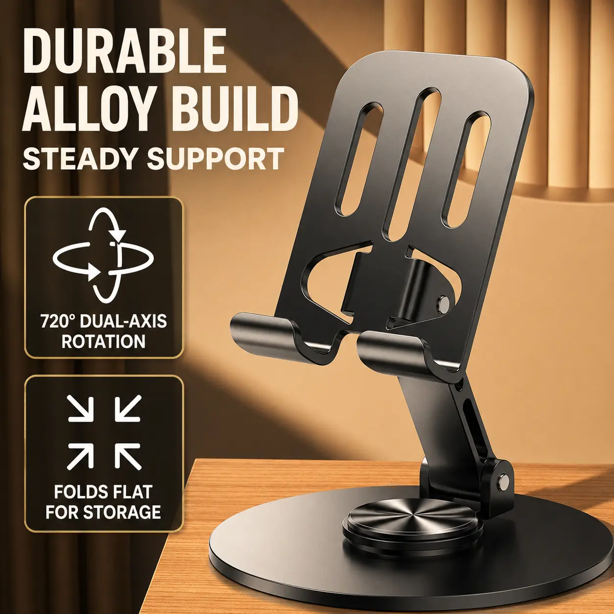 [2PCS] Adjustable Foldable Phone Stand - 360° Rotating Metal Desktop Mount with Dual Hinges, Non-Slip Base, Fits Most Phones in Portrait/Landscape for Desk, Travel
