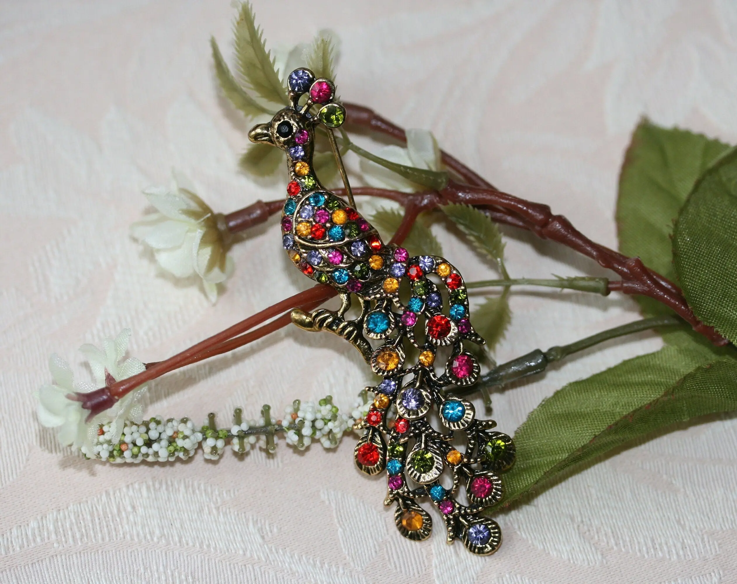 Vintage Peacock Brooch Pin for Women, Large 3.25" Gold-Tone Metal Collar Clip with Shimmering Ruby Red & Aqua-Blue Rhinestones, Art Glass Gems, Large Size, Peacock Shape, Shimmering Gems