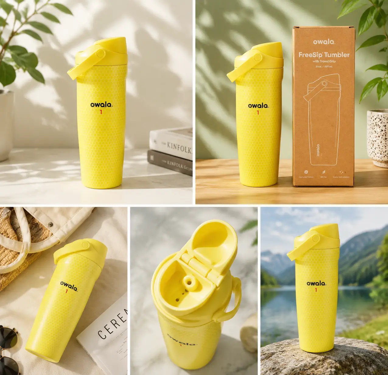 Owala FreeSip Tumbler 20oz Bright Yellow Water Bottle with Travel Grip