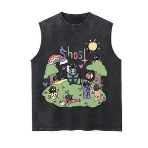 Ghost Band Unisex Vintage Washed Cotton Vest, Retro Band Print Sleeveless Shirt, Casual Regular Fit, Perfect Boyfriend Gift